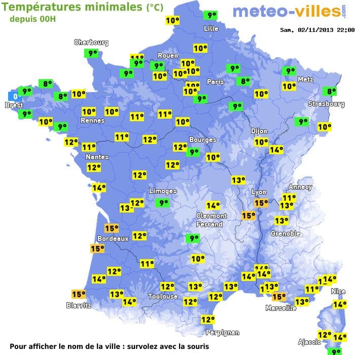 Températures minimales (°C) depuis 00h
