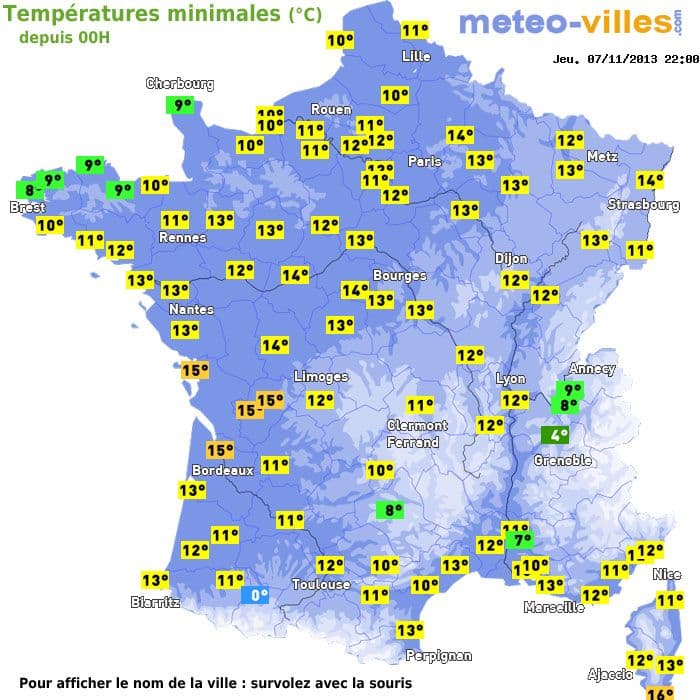 Températures minimales (°C) depuis 00h