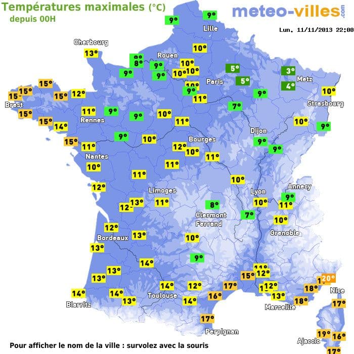 Températures maximales (°C) depuis 00h