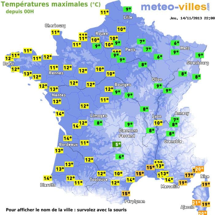 Températures maximales (°C) depuis 00h