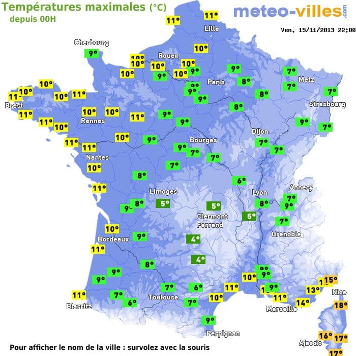 Températures maximales (°C) depuis 00h