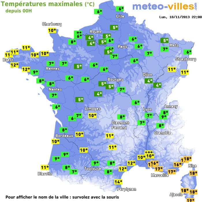 Températures maximales (°C) depuis 00h