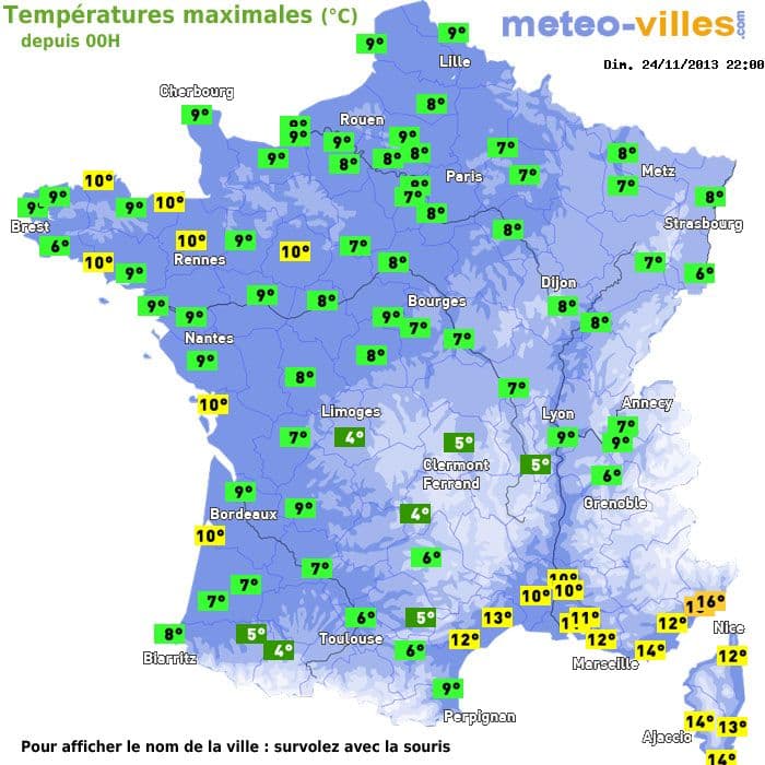 Températures maximales (°C) depuis 00h