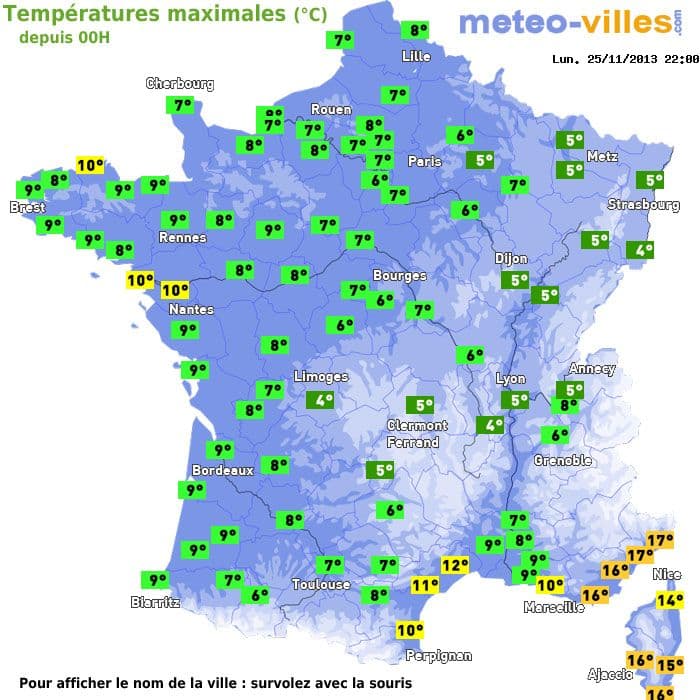 Températures maximales (°C) depuis 00h