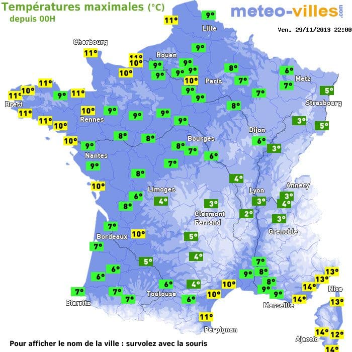 Températures maximales (°C) depuis 00h