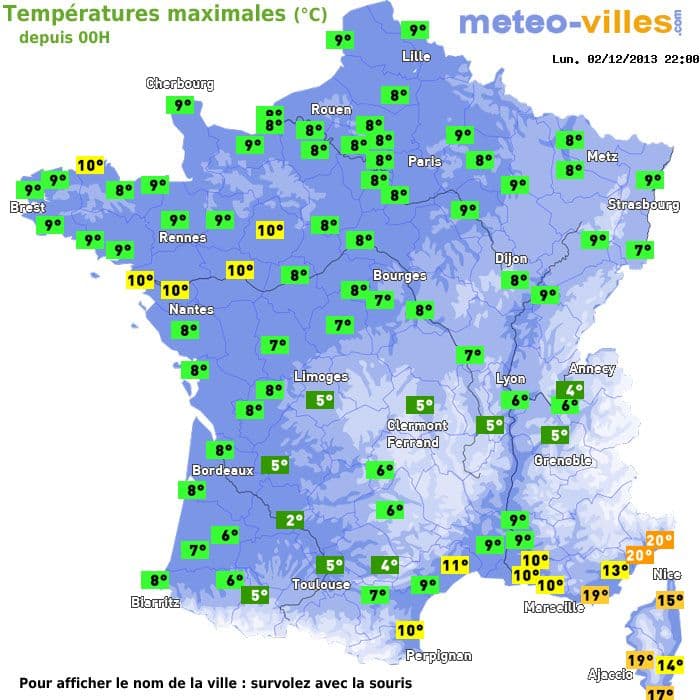 Températures maximales (°C) depuis 00h