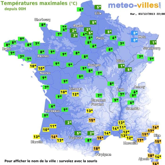 Températures maximales (°C) depuis 00h