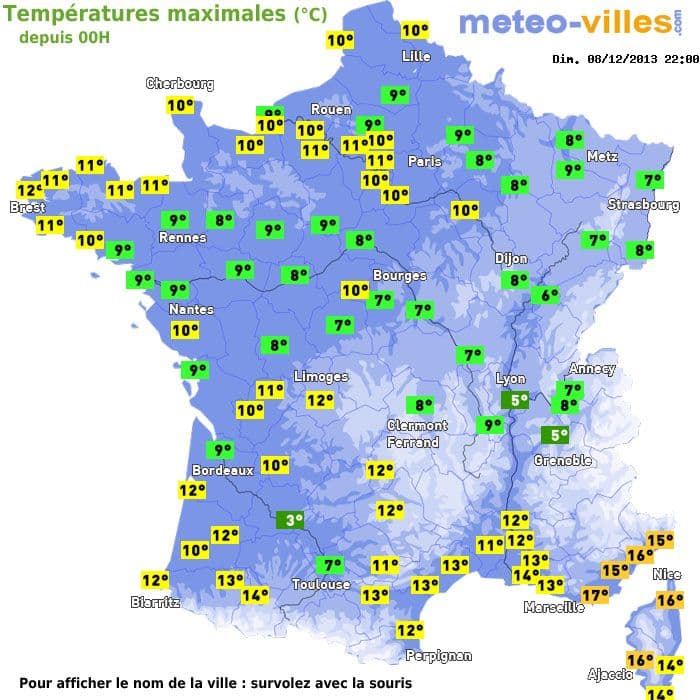 Températures maximales (°C) depuis 00h