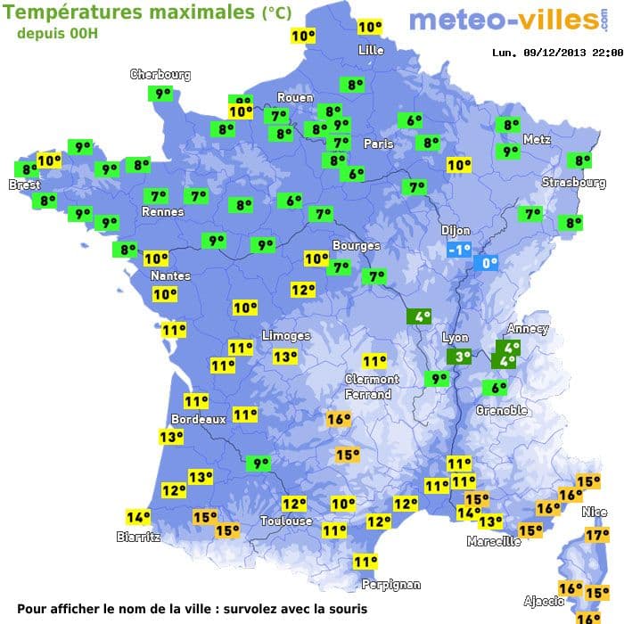Températures maximales (°C) depuis 00h