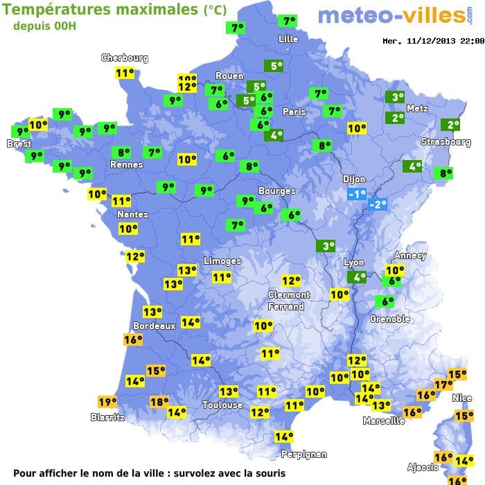 Températures maximales (°C) depuis 00h