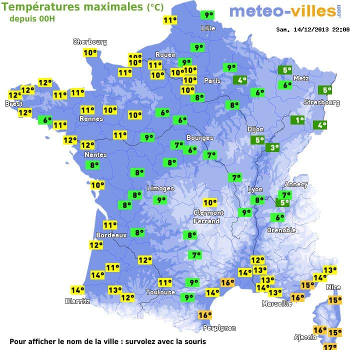 Températures maximales (°C) depuis 00h