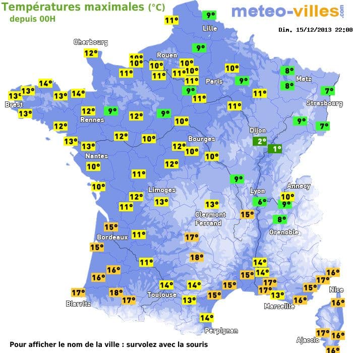 Températures maximales (°C) depuis 00h