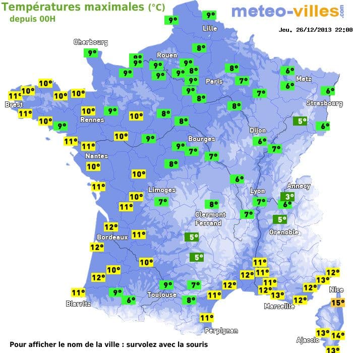 Températures maximales (°C) depuis 00h