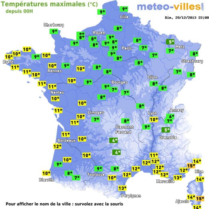 Températures maximales (°C) depuis 00h