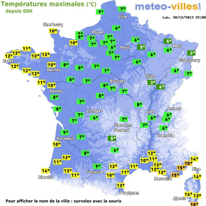 Températures maximales (°C) depuis 00h