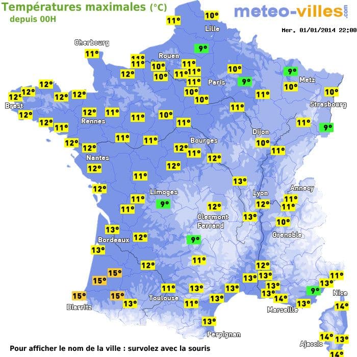 Températures maximales (°C) depuis 00h