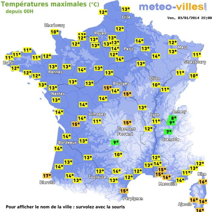 Températures maximales (°C) depuis 00h