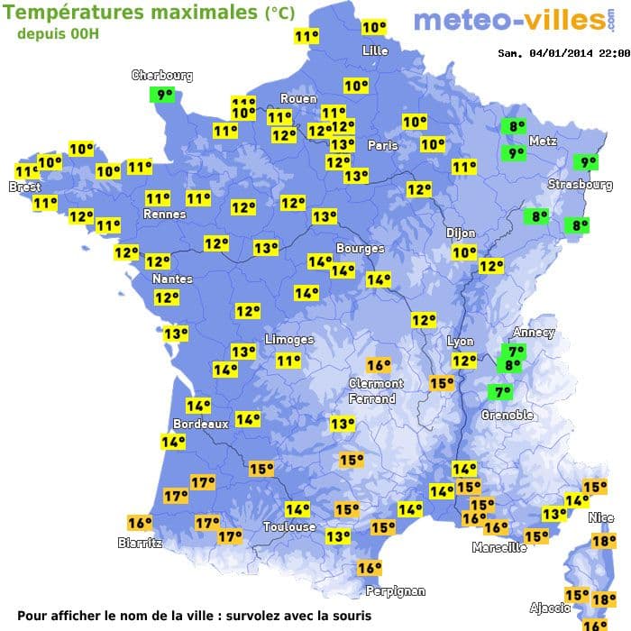 Températures maximales (°C) depuis 00h