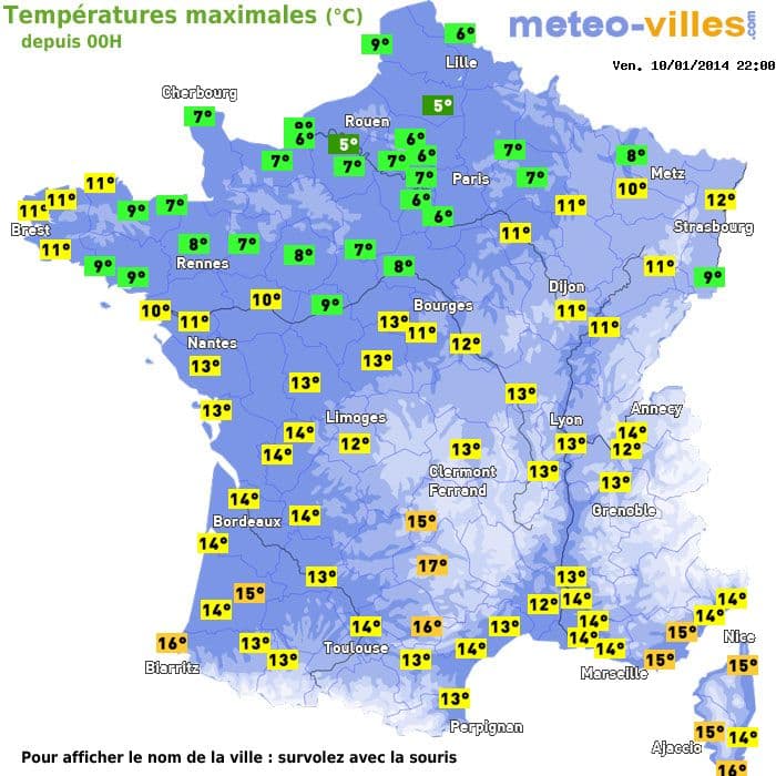 Températures maximales (°C) depuis 00h