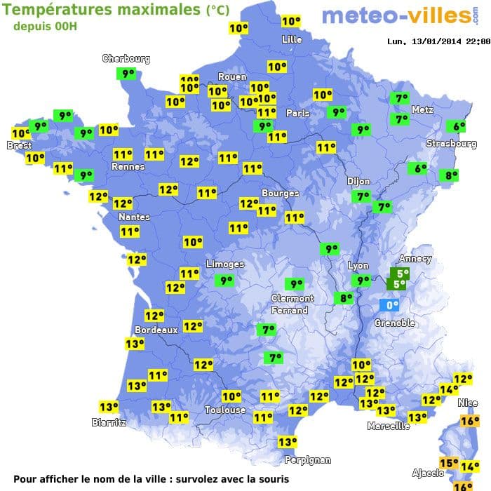Températures maximales (°C) depuis 00h