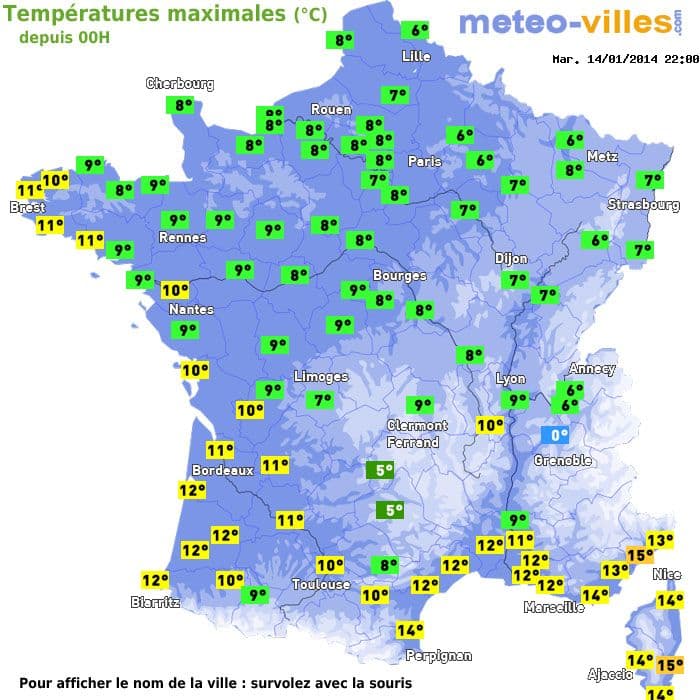 Températures maximales (°C) depuis 00h