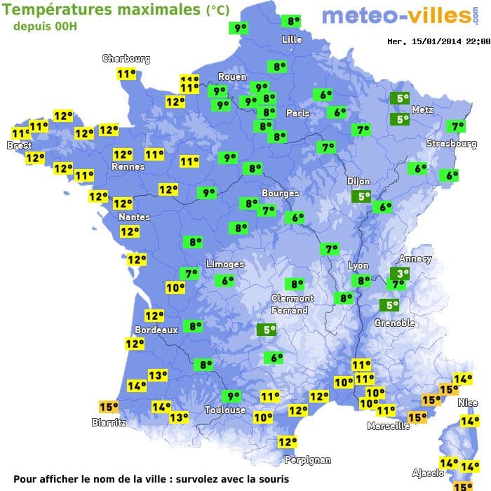 Températures maximales (°C) depuis 00h