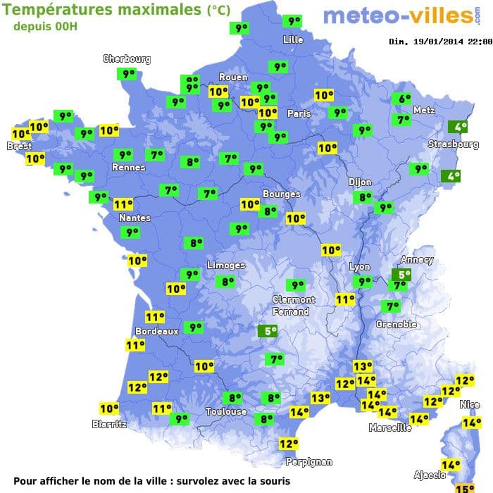 Températures maximales (°C) depuis 00h