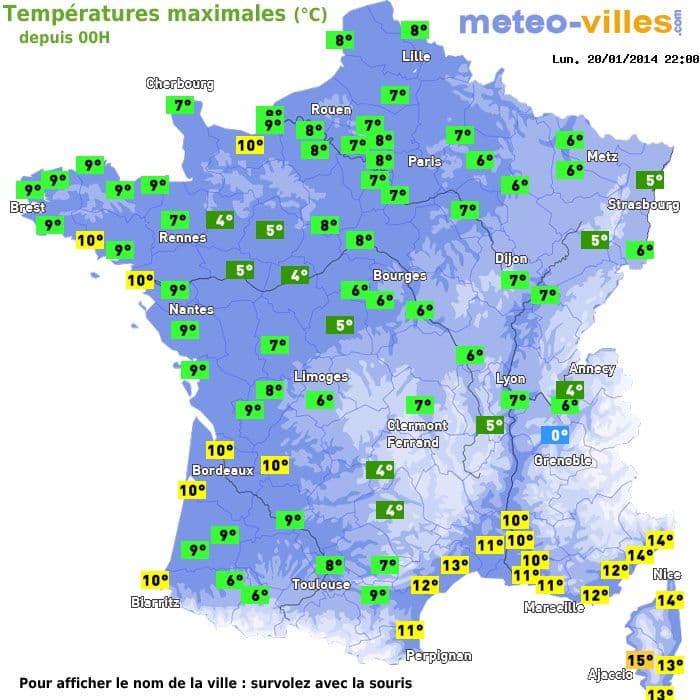 Températures maximales (°C) depuis 00h