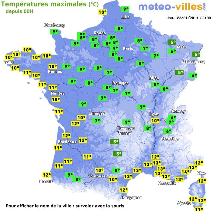 Températures maximales (°C) depuis 00h