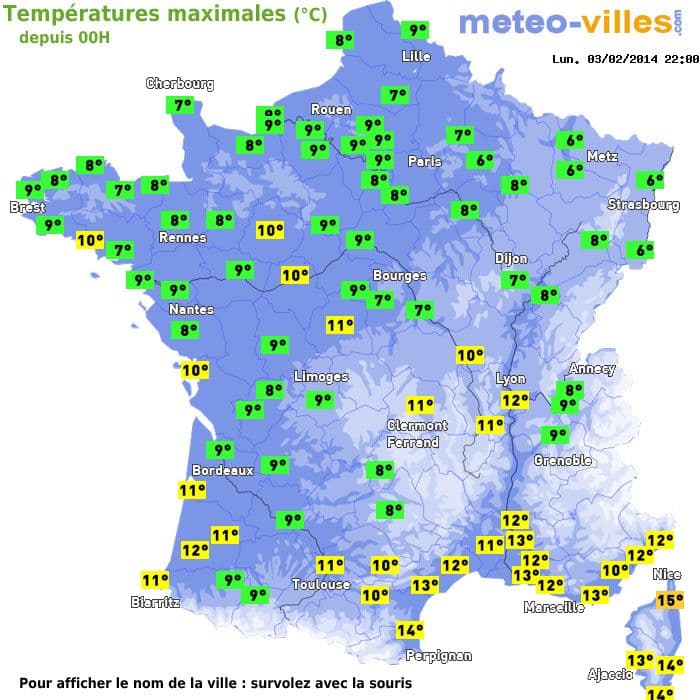 Températures maximales (°C) depuis 00h