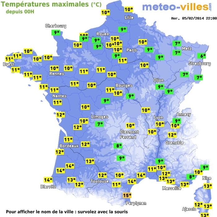 Températures maximales (°C) depuis 00h