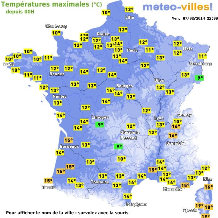 Températures maximales (°C) depuis 00h