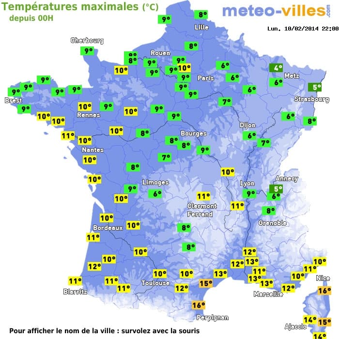 Températures maximales (°C) depuis 00h
