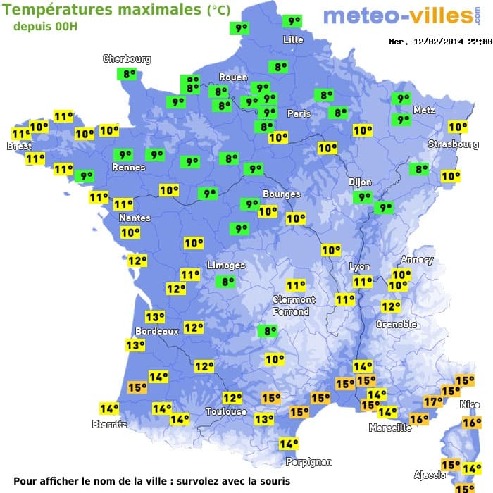 Températures maximales (°C) depuis 00h