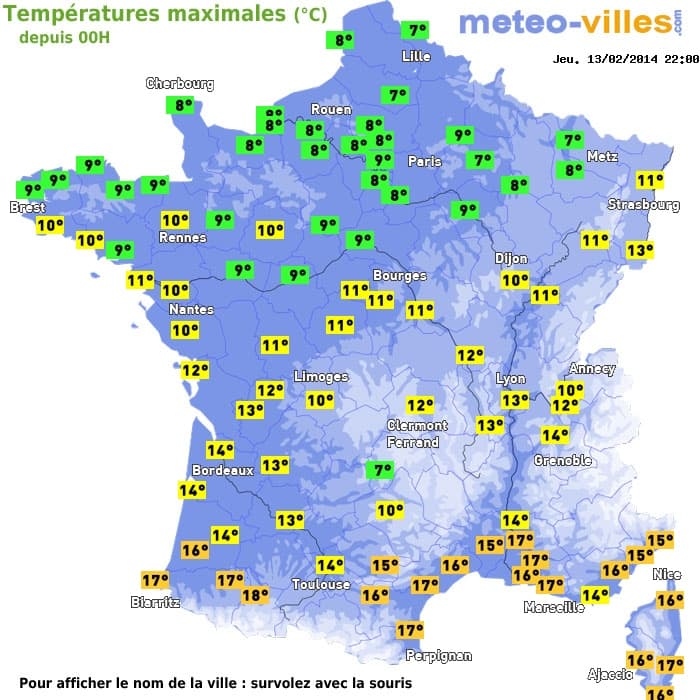 Températures maximales (°C) depuis 00h