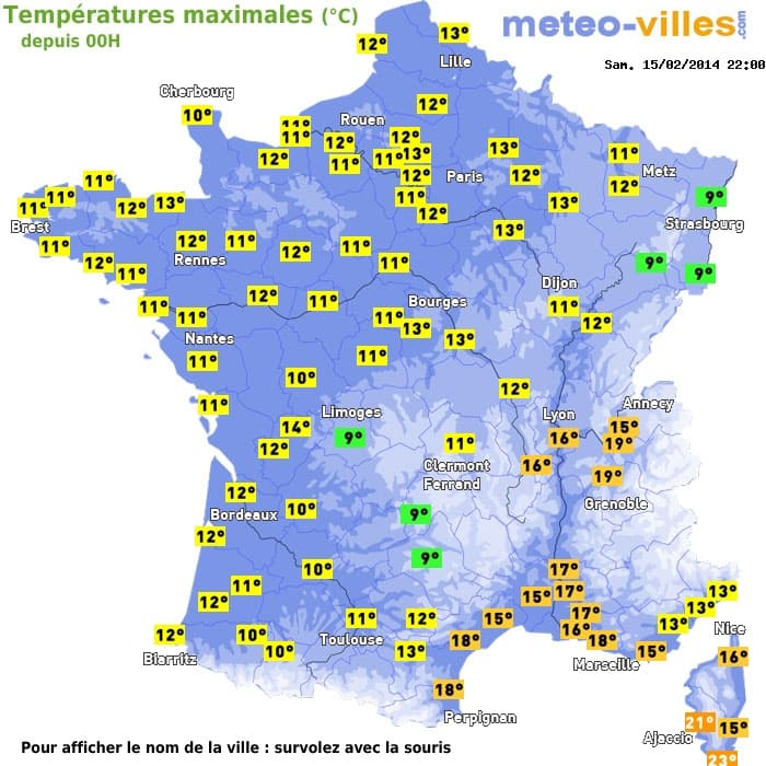 Températures maximales (°C) depuis 00h