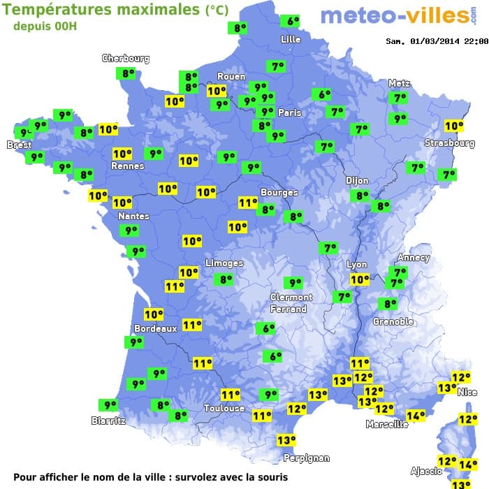 Températures maximales (°C) depuis 00h