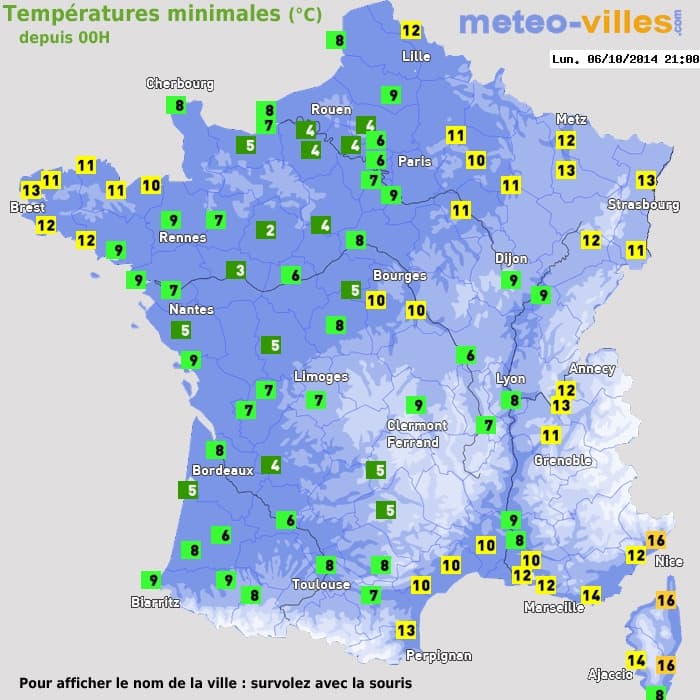Températures minimales (°C) depuis 00h