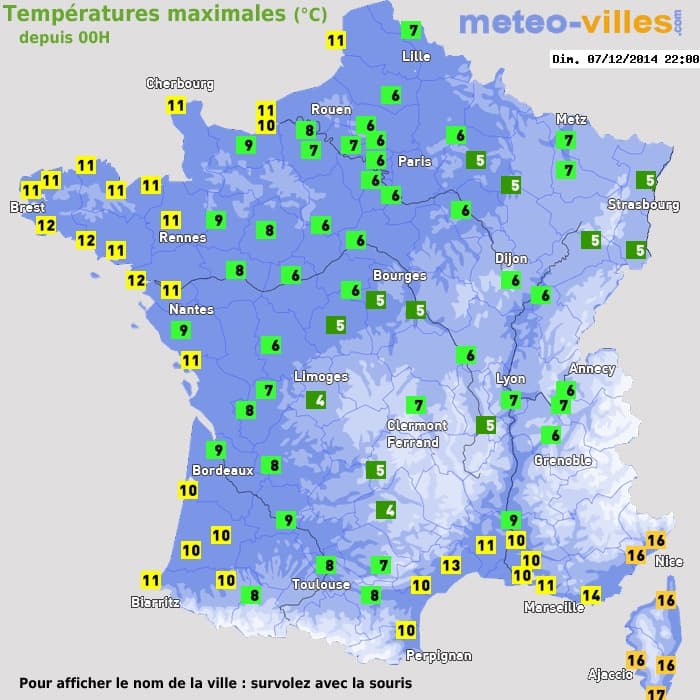 Températures maximales (°C) depuis 00h
