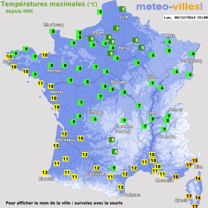 Températures maximales (°C) depuis 00h