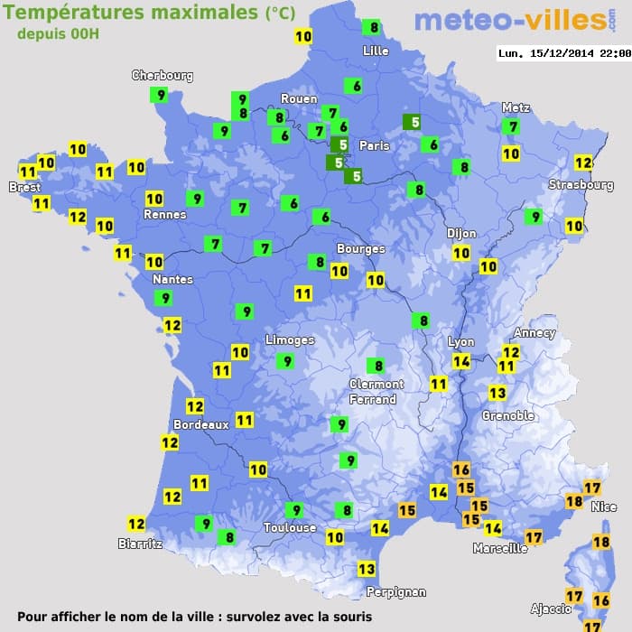 Températures maximales (°C) depuis 00h