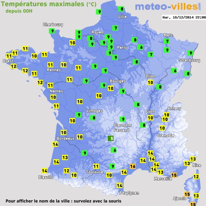 Températures maximales (°C) depuis 00h