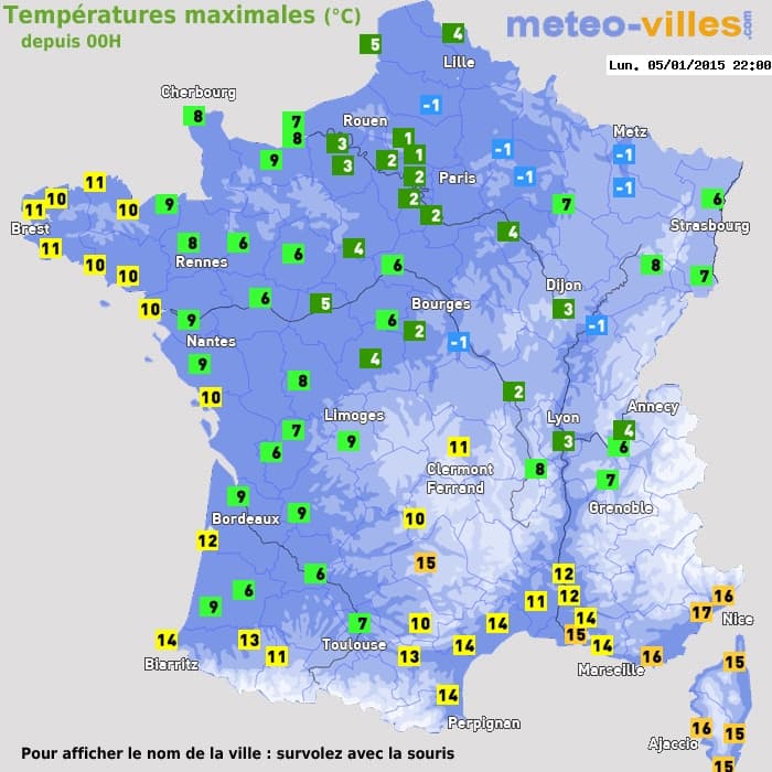 Températures maximales (°C) depuis 00h