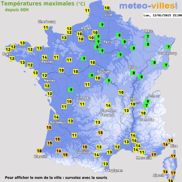 Températures maximales (°C) depuis 00h