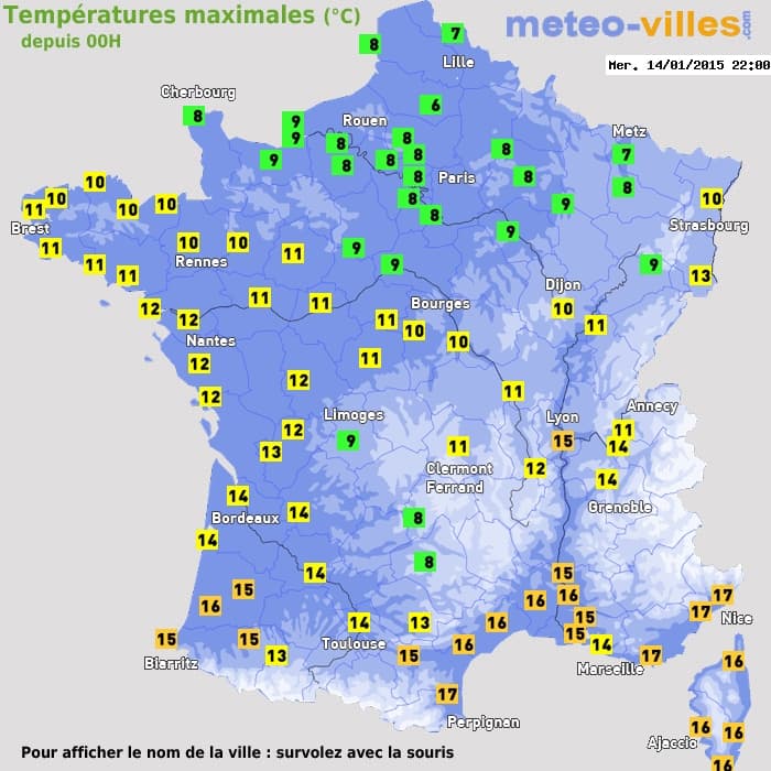 Températures maximales (°C) depuis 00h