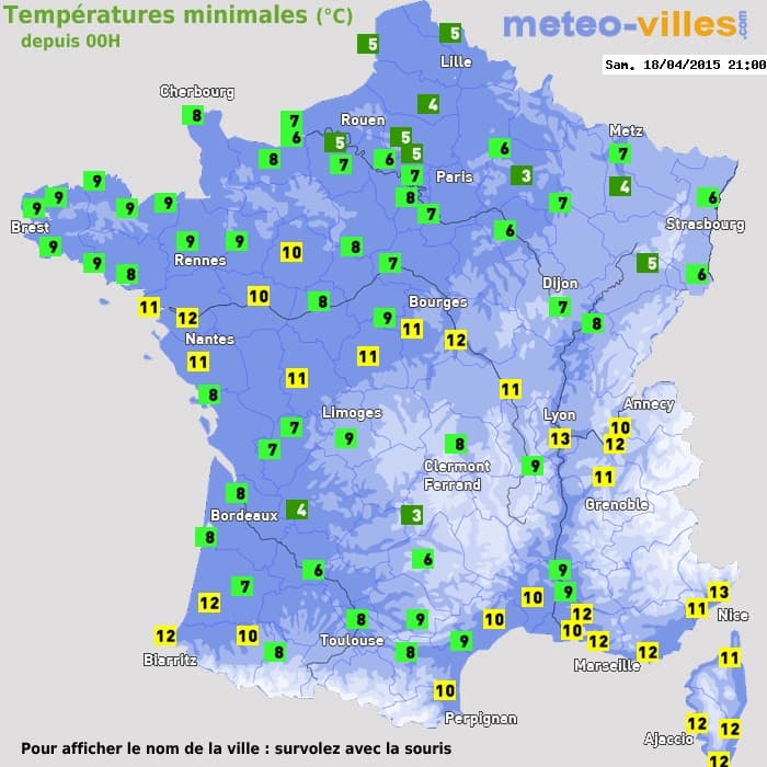 Températures minimales (°C) depuis 00h