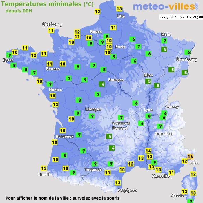 Températures minimales (°C) depuis 00h