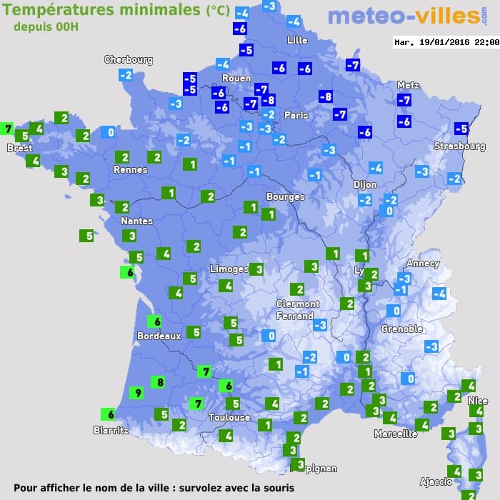 Températures minimales (°C) depuis 00h