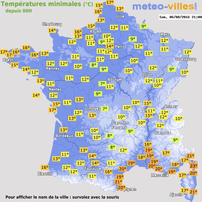 Températures minimales (°C) depuis 00h