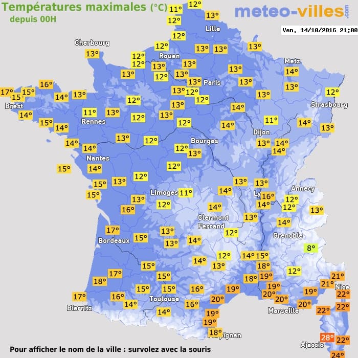 Températures maximales (°C) depuis 00h